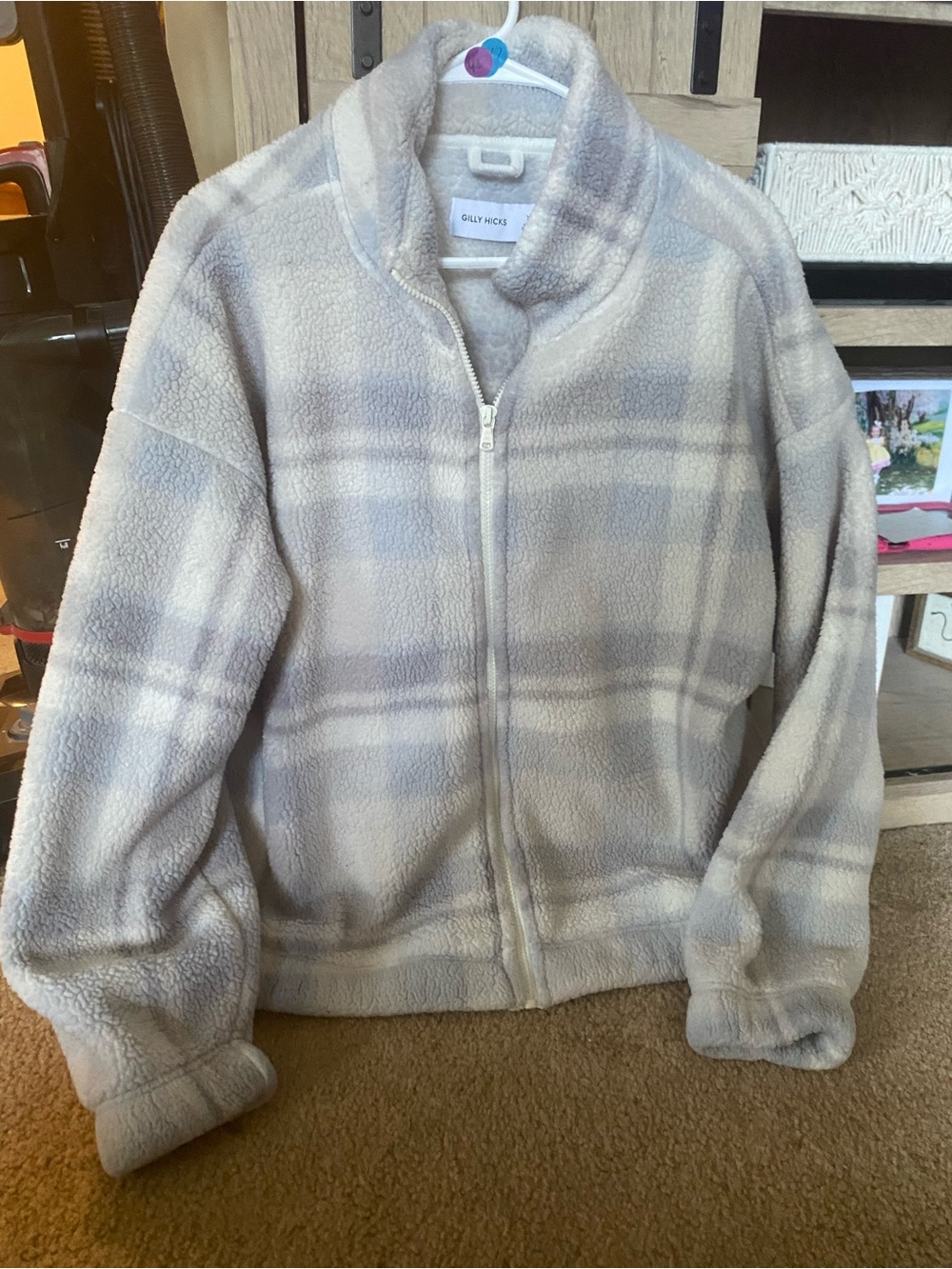 Gilly Hicks Cream & Light Gray Plaid Sherpa Zip Jacket